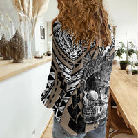Personalised Polynesia Skull Women Casual Shirt Tattoo In The Style Of Maori With Marine Life Gold - Wonder Print Shop