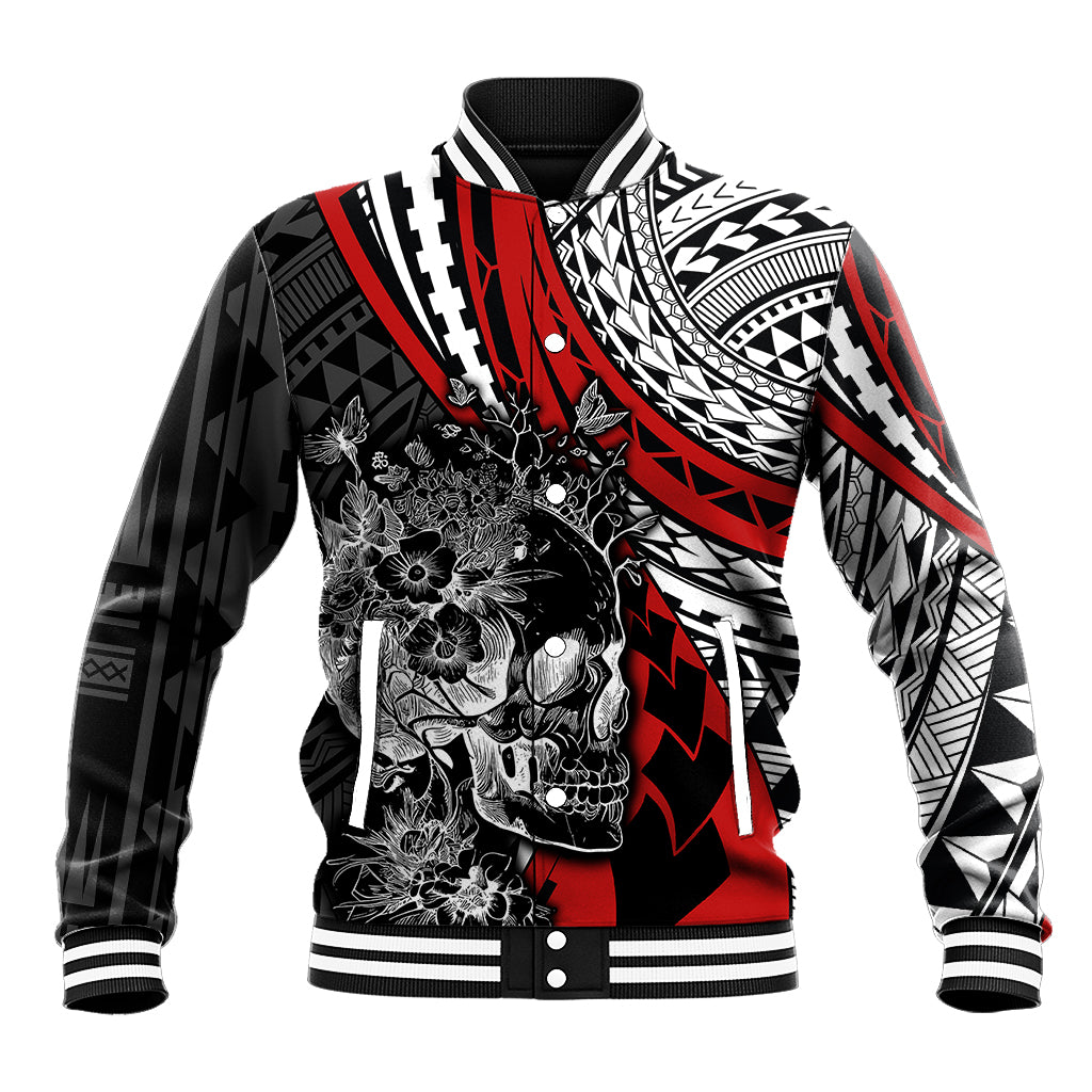 Personalised Polynesia Skull Baseball Jacket Tattoo In The Style Of Maori With Marine Life Red LT9 - Wonder Print Shop