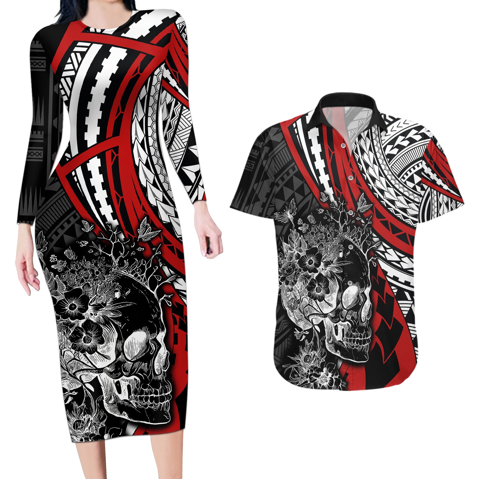 Personalised Polynesia Skull Couples Matching Long Sleeve Bodycon Dress and Hawaiian Shirt Tattoo In The Style Of Maori With Marine Life Red LT9 - Wonder Print Shop