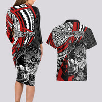 Personalised Polynesia Skull Couples Matching Long Sleeve Bodycon Dress and Hawaiian Shirt Tattoo In The Style Of Maori With Marine Life Red LT9 - Wonder Print Shop