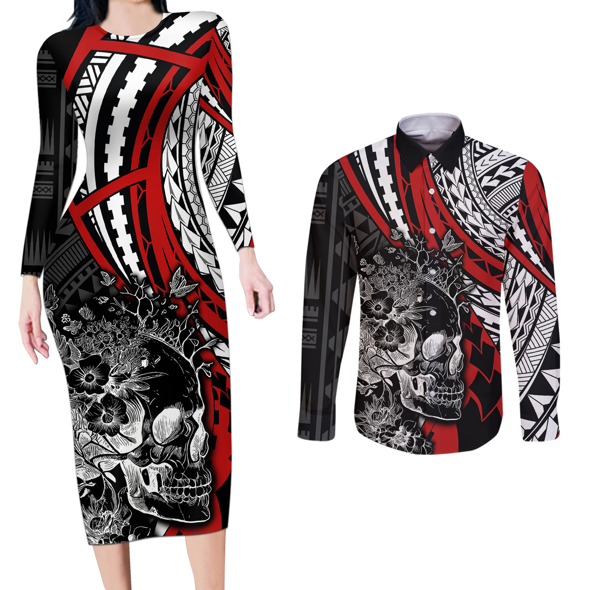 Personalised Polynesia Skull Couples Matching Long Sleeve Bodycon Dress and Long Sleeve Button Shirts Tattoo In The Style Of Maori With Marine Life Red LT9 - Wonder Print Shop