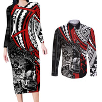 Personalised Polynesia Skull Couples Matching Long Sleeve Bodycon Dress and Long Sleeve Button Shirts Tattoo In The Style Of Maori With Marine Life Red LT9 - Wonder Print Shop