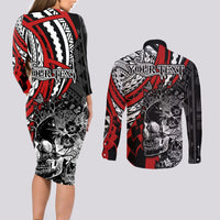 Personalised Polynesia Skull Couples Matching Long Sleeve Bodycon Dress and Long Sleeve Button Shirts Tattoo In The Style Of Maori With Marine Life Red LT9 - Wonder Print Shop