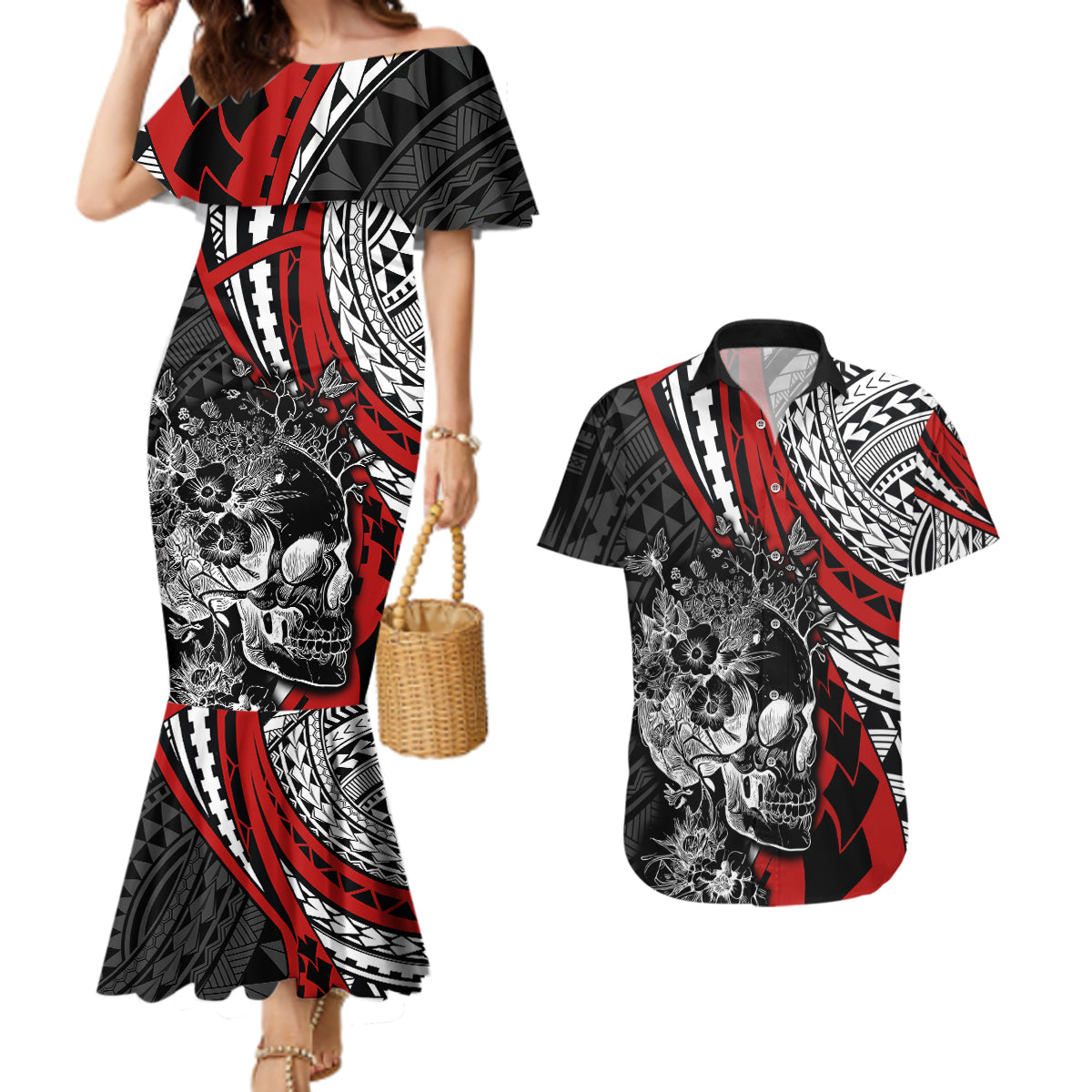 Personalised Polynesia Skull Couples Matching Mermaid Dress and Hawaiian Shirt Tattoo In The Style Of Maori With Marine Life Red LT9 - Wonder Print Shop