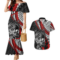 Personalised Polynesia Skull Couples Matching Mermaid Dress and Hawaiian Shirt Tattoo In The Style Of Maori With Marine Life Red LT9 - Wonder Print Shop