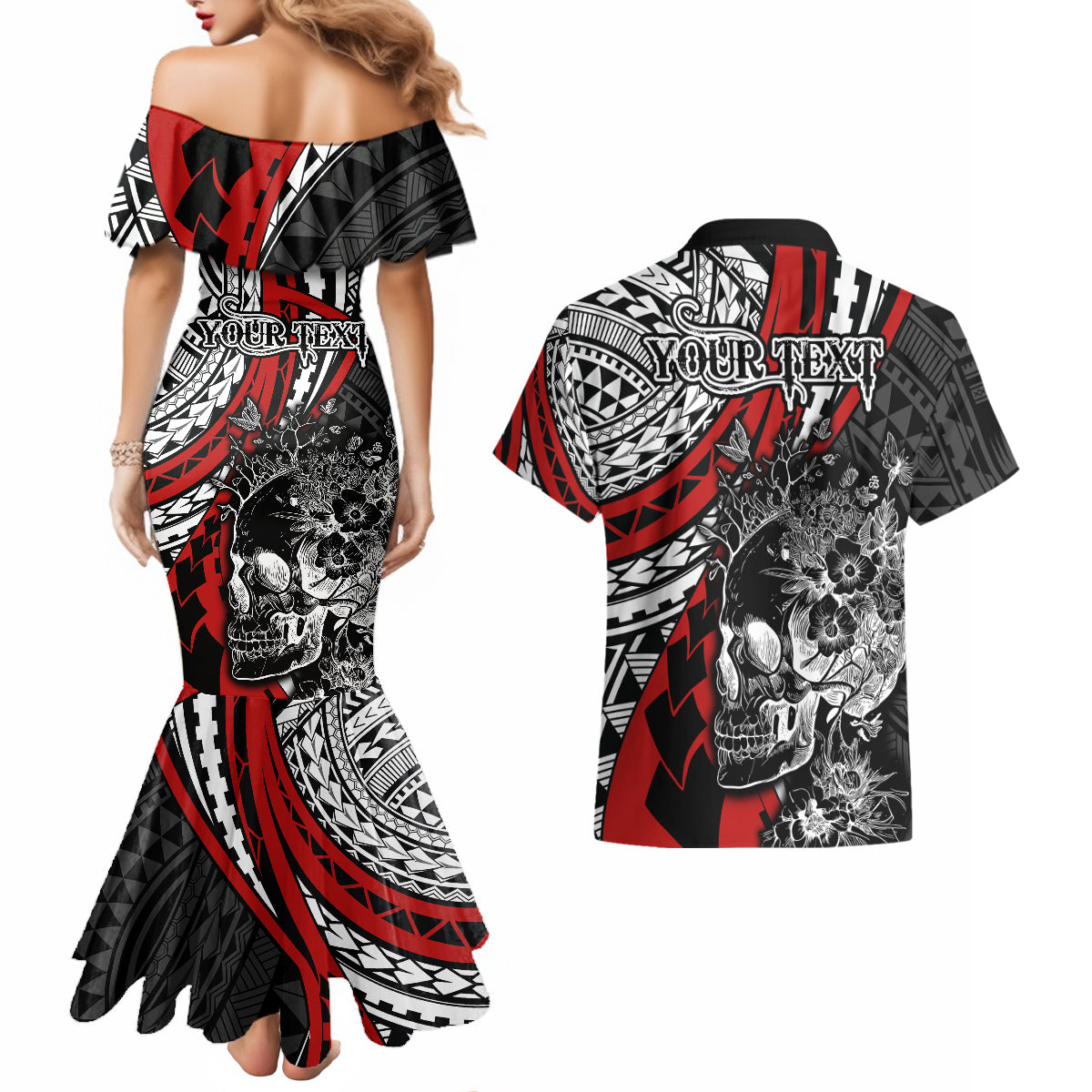 Personalised Polynesia Skull Couples Matching Mermaid Dress and Hawaiian Shirt Tattoo In The Style Of Maori With Marine Life Red LT9 - Wonder Print Shop