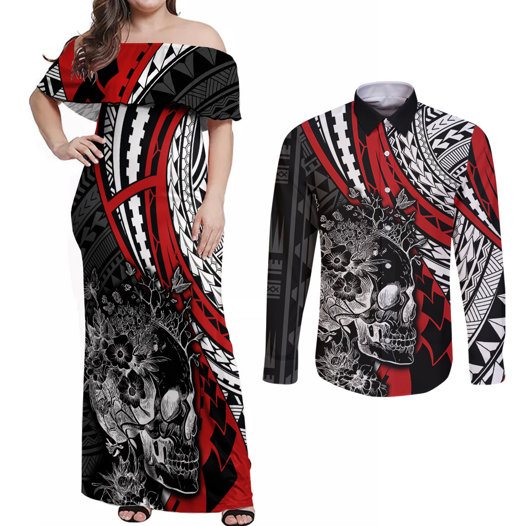 Personalised Polynesia Skull Couples Matching Off Shoulder Maxi Dress and Long Sleeve Button Shirts Tattoo In The Style Of Maori With Marine Life Red LT9 - Wonder Print Shop