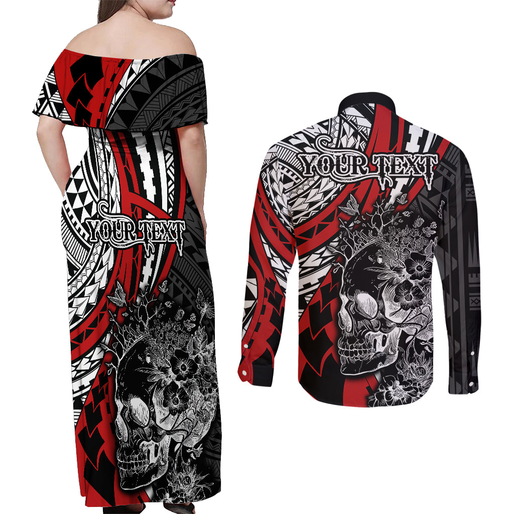 Personalised Polynesia Skull Couples Matching Off Shoulder Maxi Dress and Long Sleeve Button Shirts Tattoo In The Style Of Maori With Marine Life Red LT9 - Wonder Print Shop