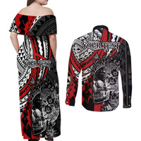 Personalised Polynesia Skull Couples Matching Off Shoulder Maxi Dress and Long Sleeve Button Shirts Tattoo In The Style Of Maori With Marine Life Red LT9 - Wonder Print Shop