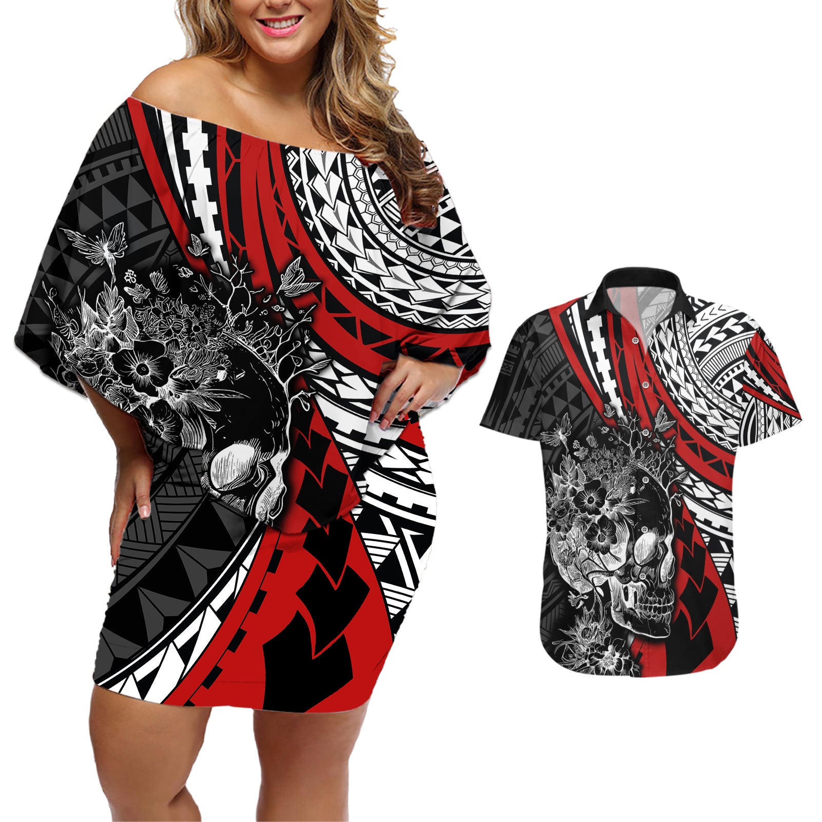 Personalised Polynesia Skull Couples Matching Off Shoulder Short Dress and Hawaiian Shirt Tattoo In The Style Of Maori With Marine Life Red LT9 - Wonder Print Shop