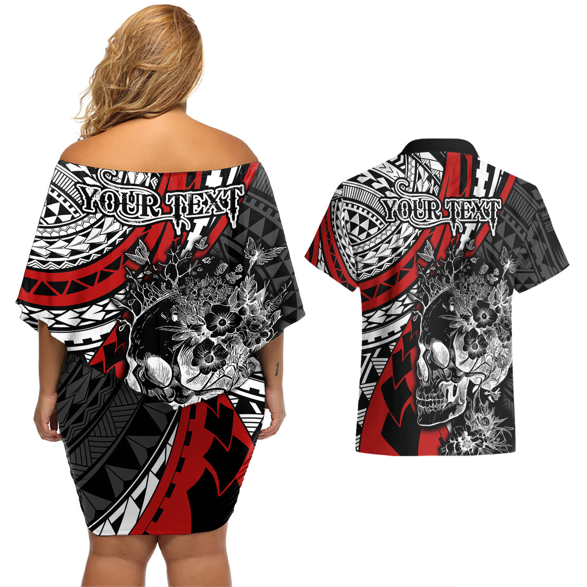 Personalised Polynesia Skull Couples Matching Off Shoulder Short Dress and Hawaiian Shirt Tattoo In The Style Of Maori With Marine Life Red LT9 - Wonder Print Shop