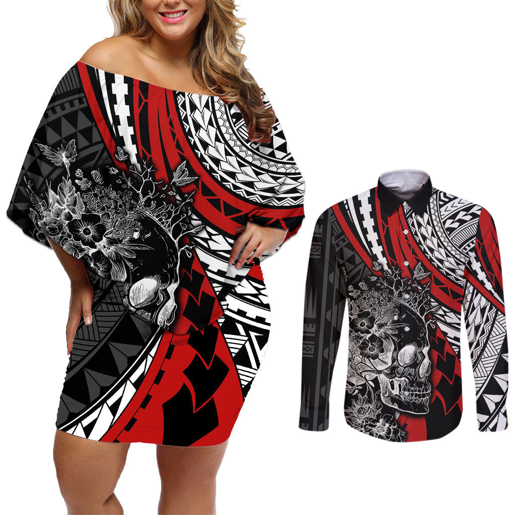 Personalised Polynesia Skull Couples Matching Off Shoulder Short Dress and Long Sleeve Button Shirts Tattoo In The Style Of Maori With Marine Life Red LT9 - Wonder Print Shop
