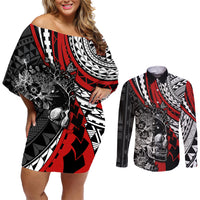 Personalised Polynesia Skull Couples Matching Off Shoulder Short Dress and Long Sleeve Button Shirts Tattoo In The Style Of Maori With Marine Life Red LT9 - Wonder Print Shop
