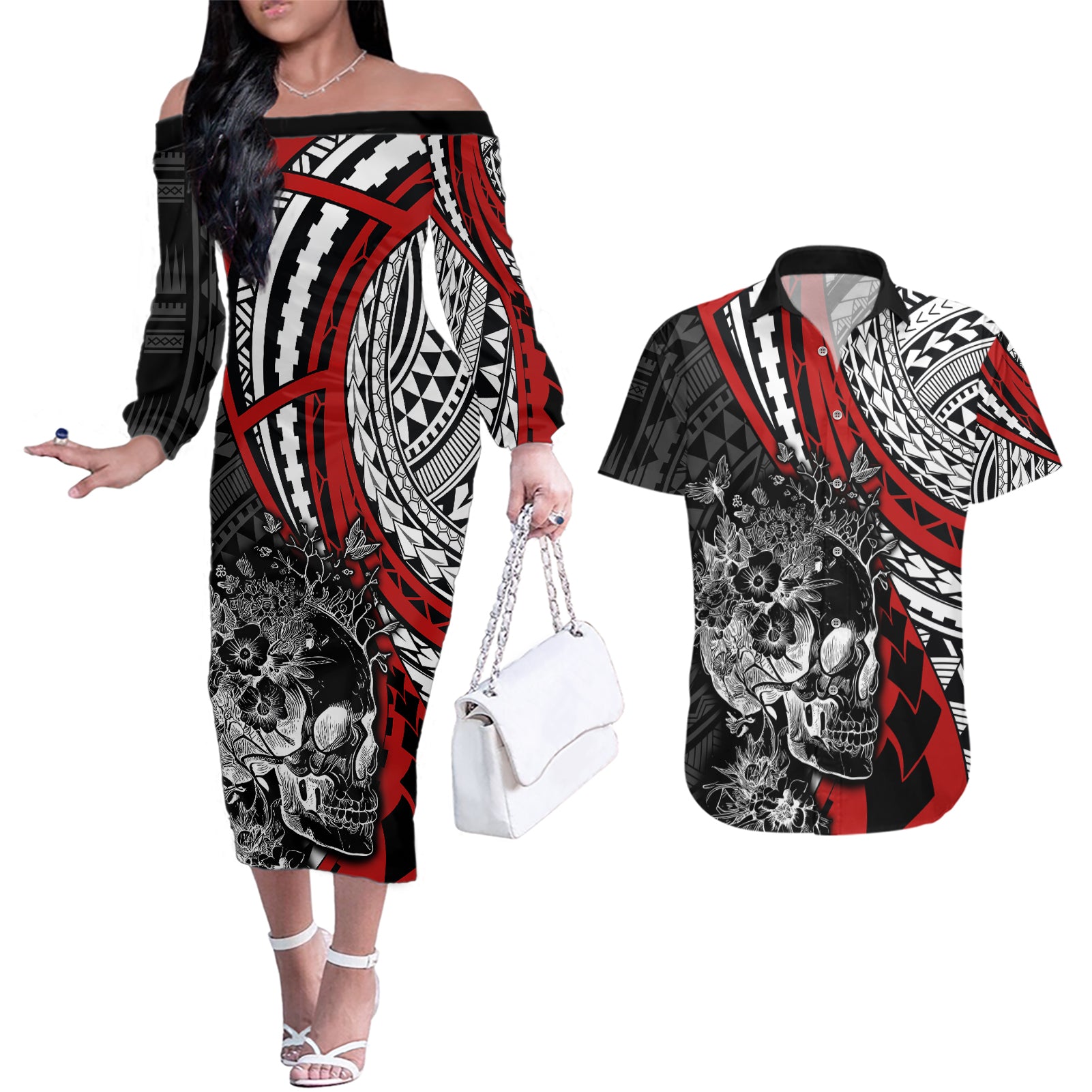 Personalised Polynesia Skull Couples Matching Off The Shoulder Long Sleeve Dress and Hawaiian Shirt Tattoo In The Style Of Maori With Marine Life Red LT9 - Wonder Print Shop