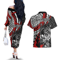 Personalised Polynesia Skull Couples Matching Off The Shoulder Long Sleeve Dress and Hawaiian Shirt Tattoo In The Style Of Maori With Marine Life Red LT9 - Wonder Print Shop