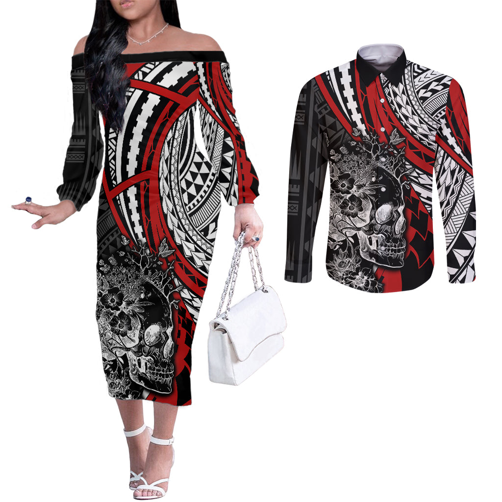 personalised-polynesia-skull-couples-matching-off-the-shoulder-long-sleeve-dress-and-long-sleeve-button-shirts-tattoo-in-the-style-of-maori-with-marine-life-red