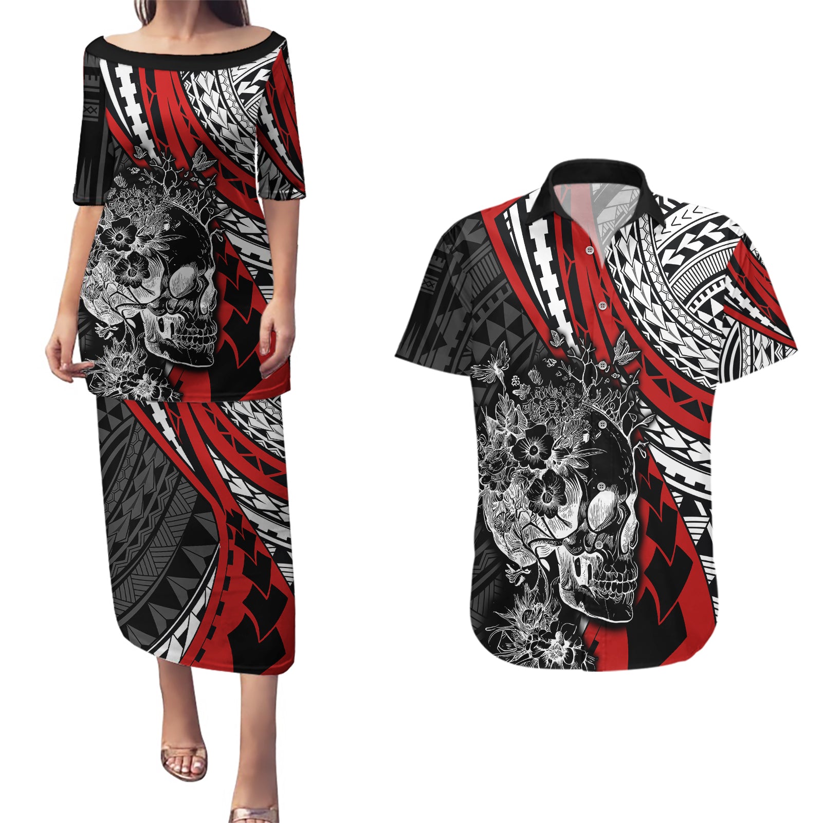 Personalised Polynesia Skull Couples Matching Puletasi Dress and Hawaiian Shirt Tattoo In The Style Of Maori With Marine Life Red LT9 - Wonder Print Shop