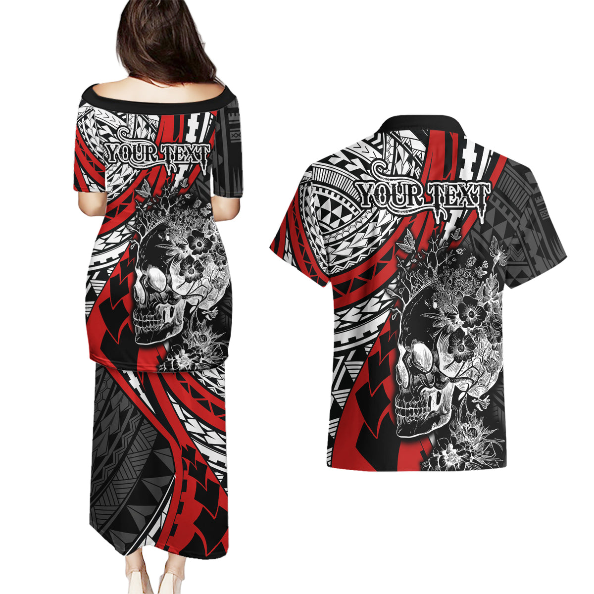 Personalised Polynesia Skull Couples Matching Puletasi Dress and Hawaiian Shirt Tattoo In The Style Of Maori With Marine Life Red LT9 - Wonder Print Shop