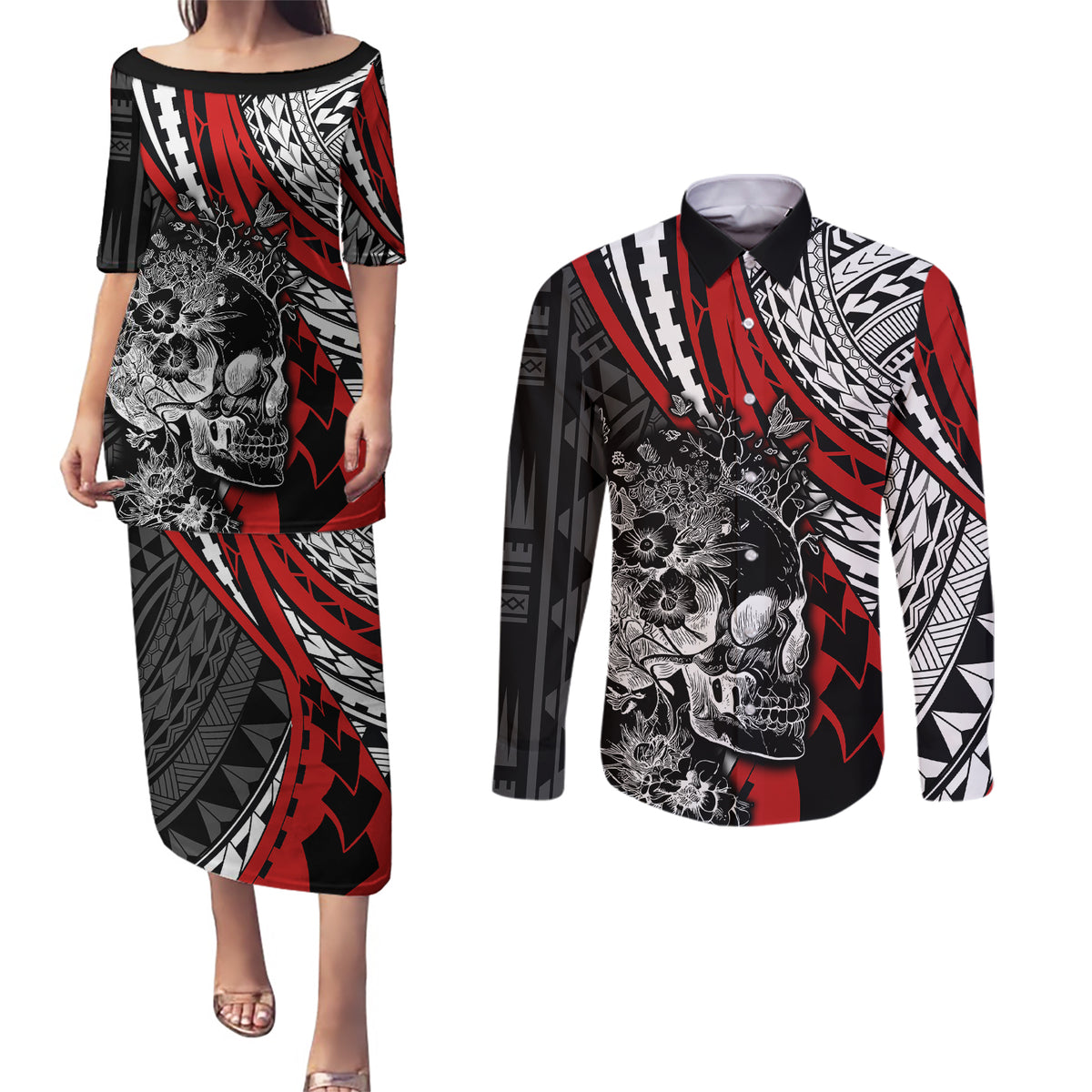 Personalised Polynesia Skull Couples Matching Puletasi Dress and Long Sleeve Button Shirts Tattoo In The Style Of Maori With Marine Life Red LT9 - Wonder Print Shop
