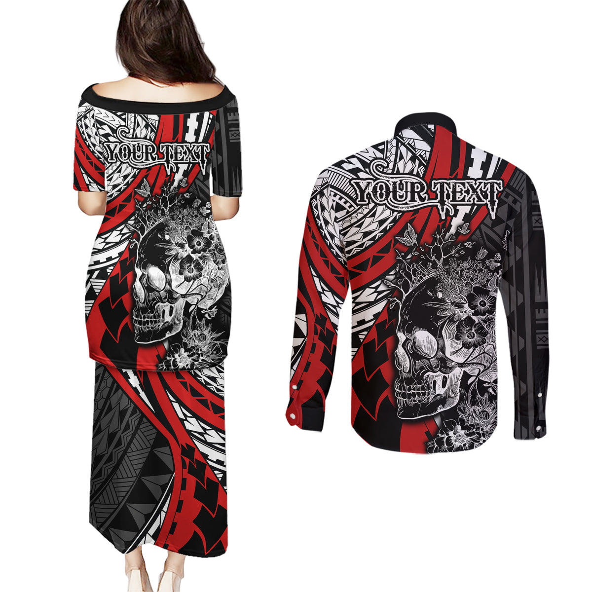 Personalised Polynesia Skull Couples Matching Puletasi Dress and Long Sleeve Button Shirts Tattoo In The Style Of Maori With Marine Life Red LT9 - Wonder Print Shop