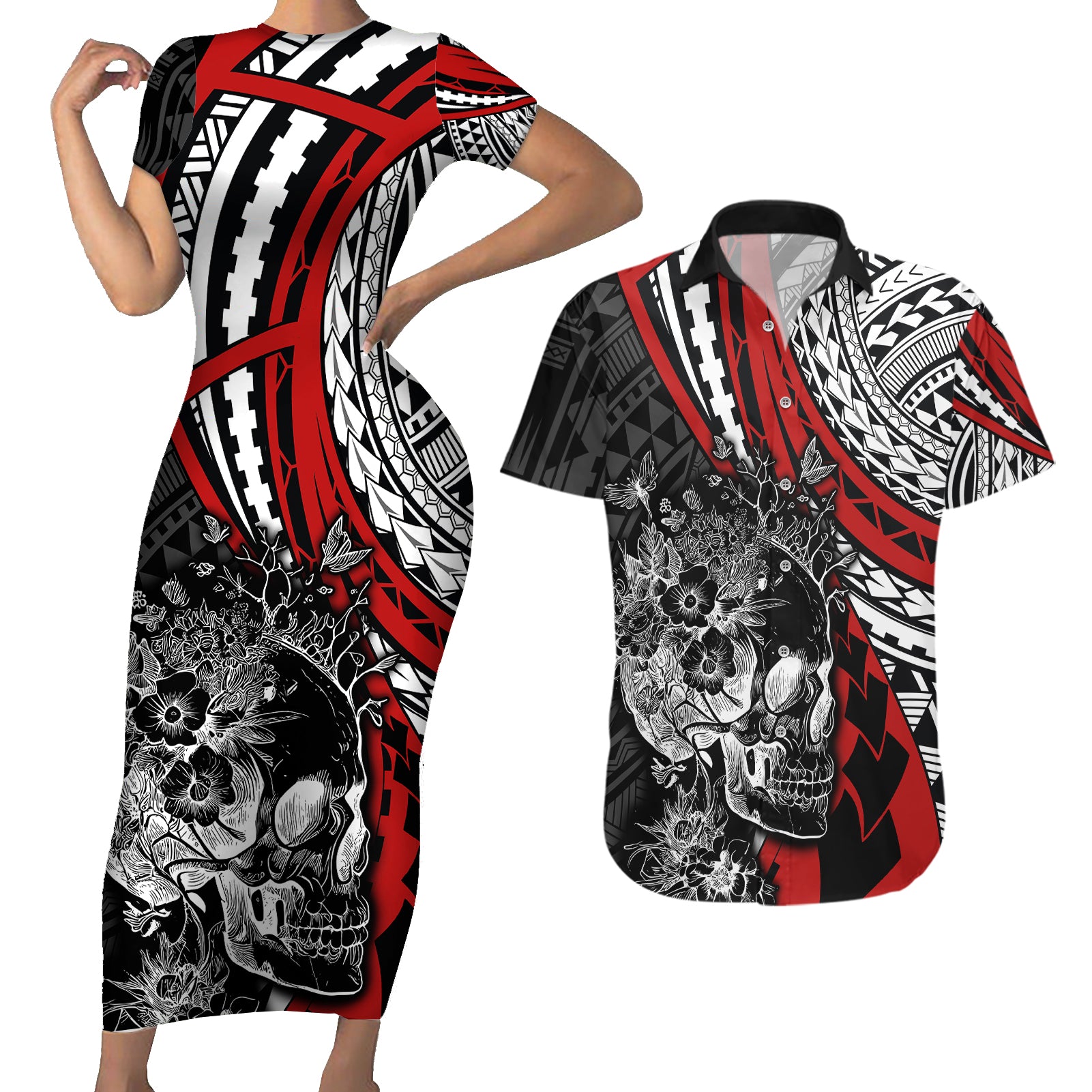 Personalised Polynesia Skull Couples Matching Short Sleeve Bodycon Dress and Hawaiian Shirt Tattoo In The Style Of Maori With Marine Life Red LT9 - Wonder Print Shop