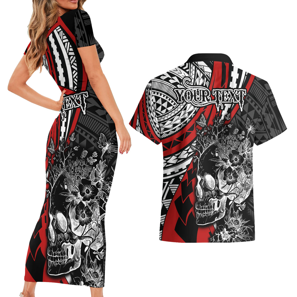 Personalised Polynesia Skull Couples Matching Short Sleeve Bodycon Dress and Hawaiian Shirt Tattoo In The Style Of Maori With Marine Life Red LT9 - Wonder Print Shop
