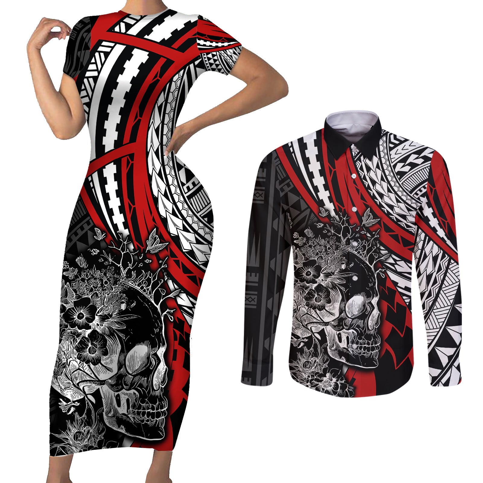 Personalised Polynesia Skull Couples Matching Short Sleeve Bodycon Dress and Long Sleeve Button Shirts Tattoo In The Style Of Maori With Marine Life Red LT9 - Wonder Print Shop