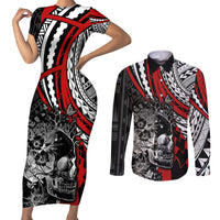 Personalised Polynesia Skull Couples Matching Short Sleeve Bodycon Dress and Long Sleeve Button Shirts Tattoo In The Style Of Maori With Marine Life Red LT9 - Wonder Print Shop