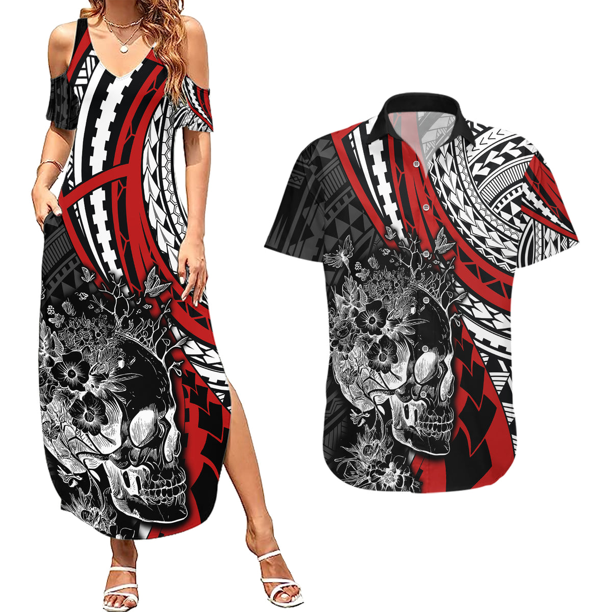 Personalised Polynesia Skull Couples Matching Summer Maxi Dress and Hawaiian Shirt Tattoo In The Style Of Maori With Marine Life Red LT9 - Wonder Print Shop