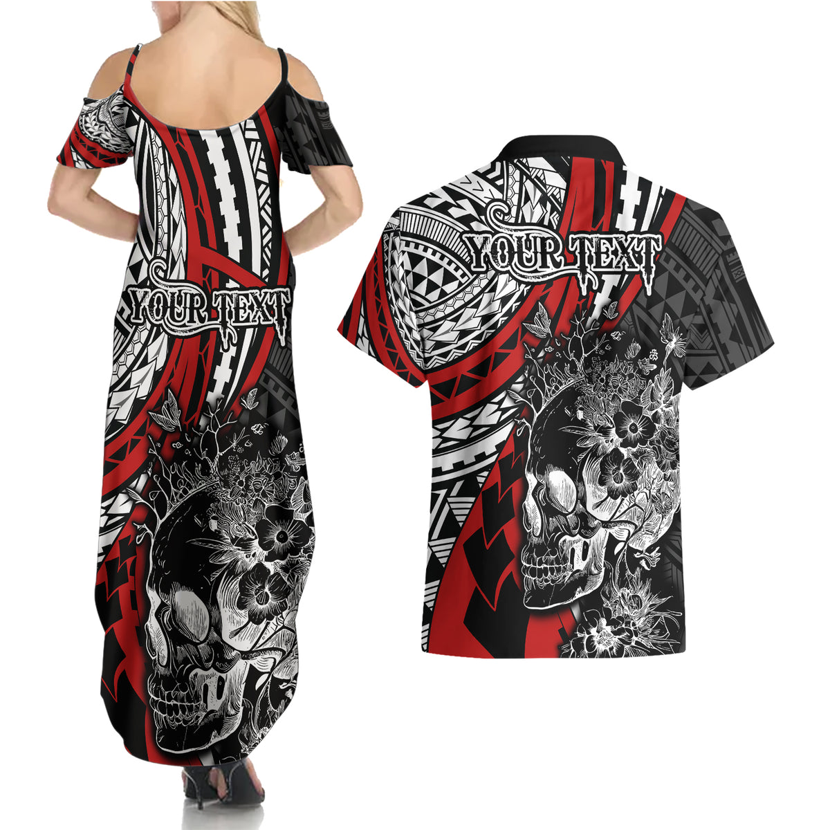 Personalised Polynesia Skull Couples Matching Summer Maxi Dress and Hawaiian Shirt Tattoo In The Style Of Maori With Marine Life Red LT9 - Wonder Print Shop