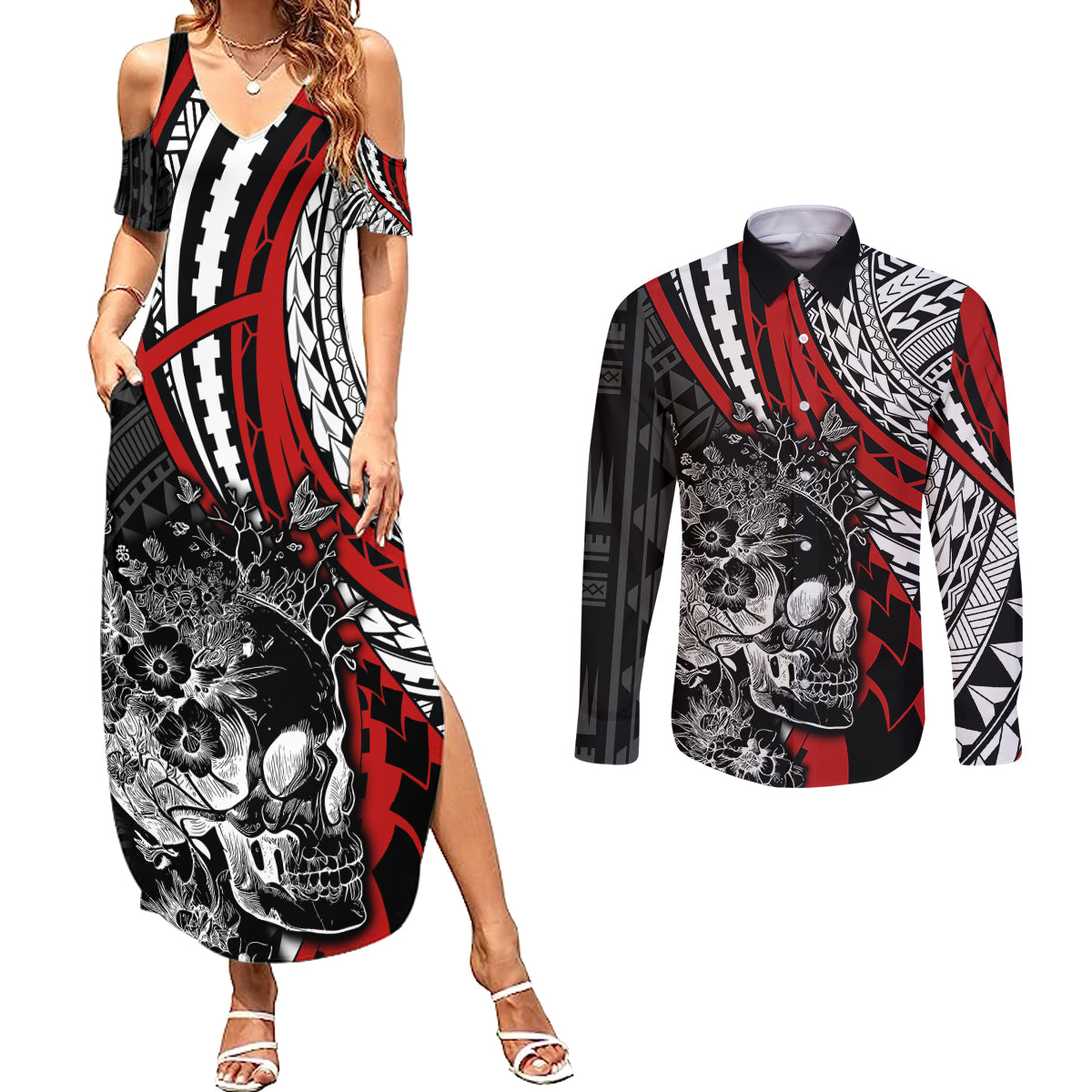 Personalised Polynesia Skull Couples Matching Summer Maxi Dress and Long Sleeve Button Shirts Tattoo In The Style Of Maori With Marine Life Red LT9 - Wonder Print Shop