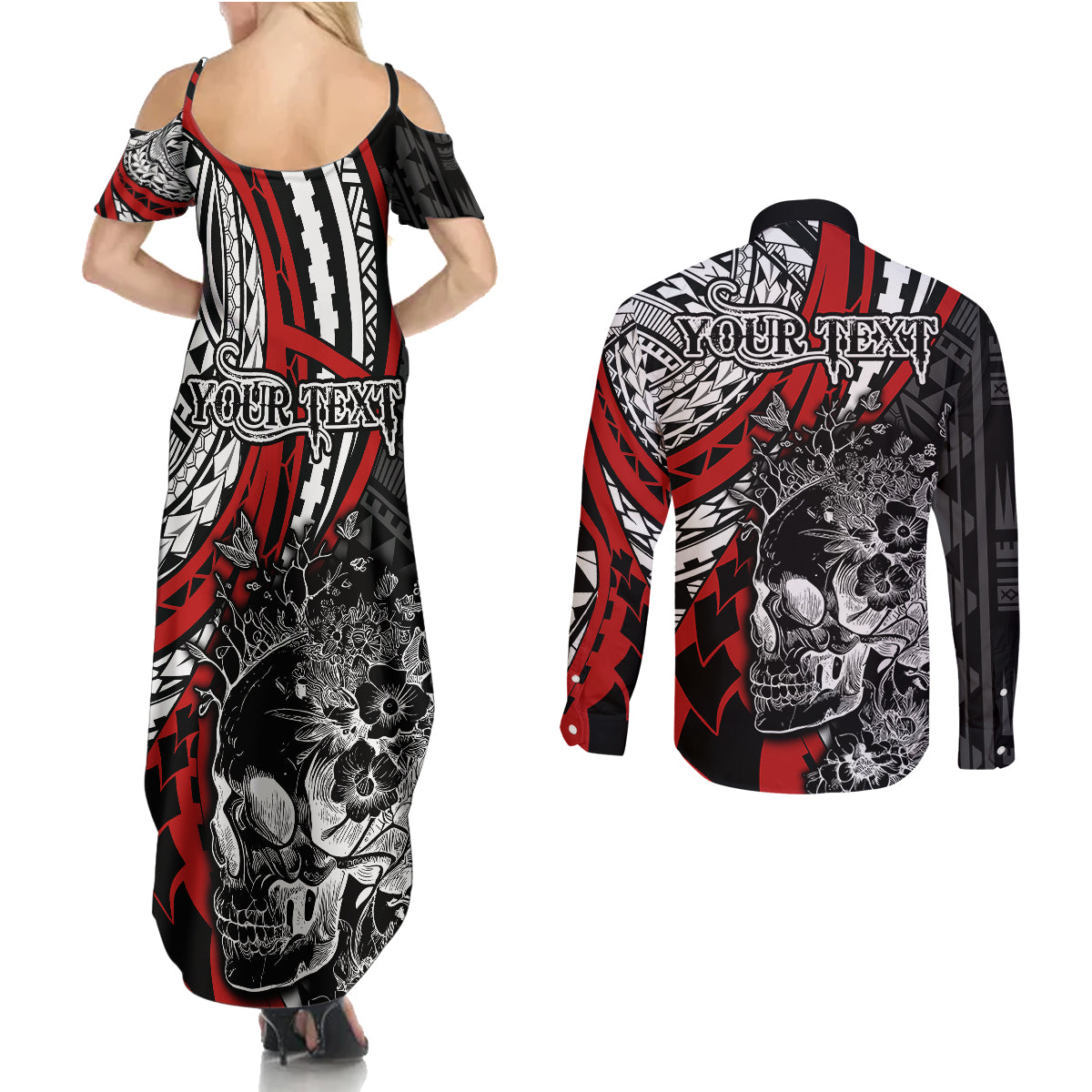 Personalised Polynesia Skull Couples Matching Summer Maxi Dress and Long Sleeve Button Shirts Tattoo In The Style Of Maori With Marine Life Red LT9 - Wonder Print Shop