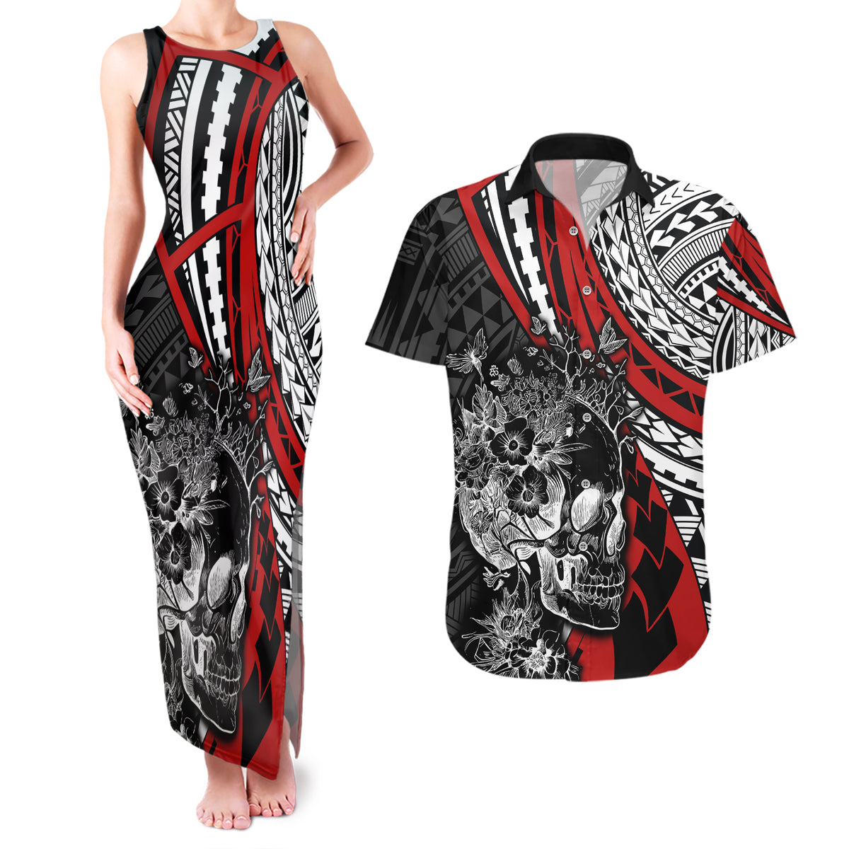 Personalised Polynesia Skull Couples Matching Tank Maxi Dress and Hawaiian Shirt Tattoo In The Style Of Maori With Marine Life Red LT9 - Wonder Print Shop