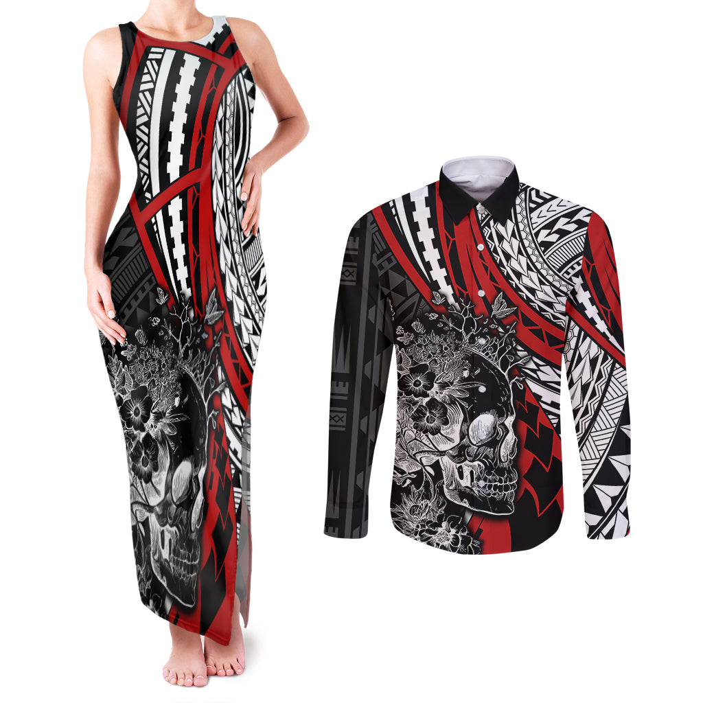 Personalised Polynesia Skull Couples Matching Tank Maxi Dress and Long Sleeve Button Shirts Tattoo In The Style Of Maori With Marine Life Red LT9 - Wonder Print Shop
