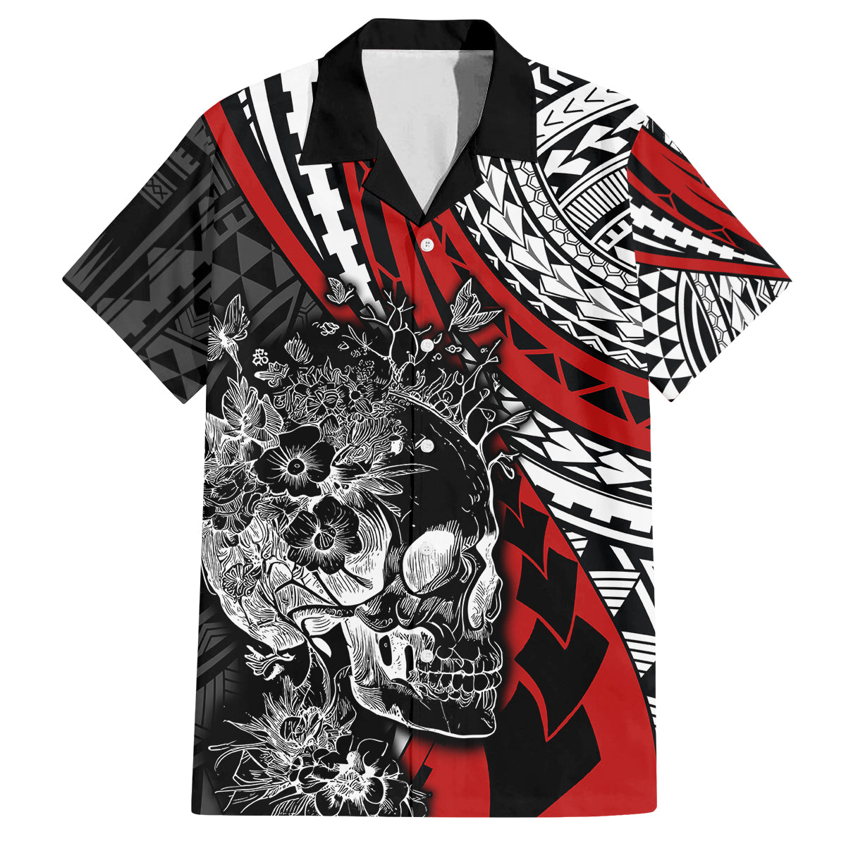 Personalised Polynesia Skull Family Matching Long Sleeve Bodycon Dress and Hawaiian Shirt Tattoo In The Style Of Maori With Marine Life Red LT9 - Wonder Print Shop