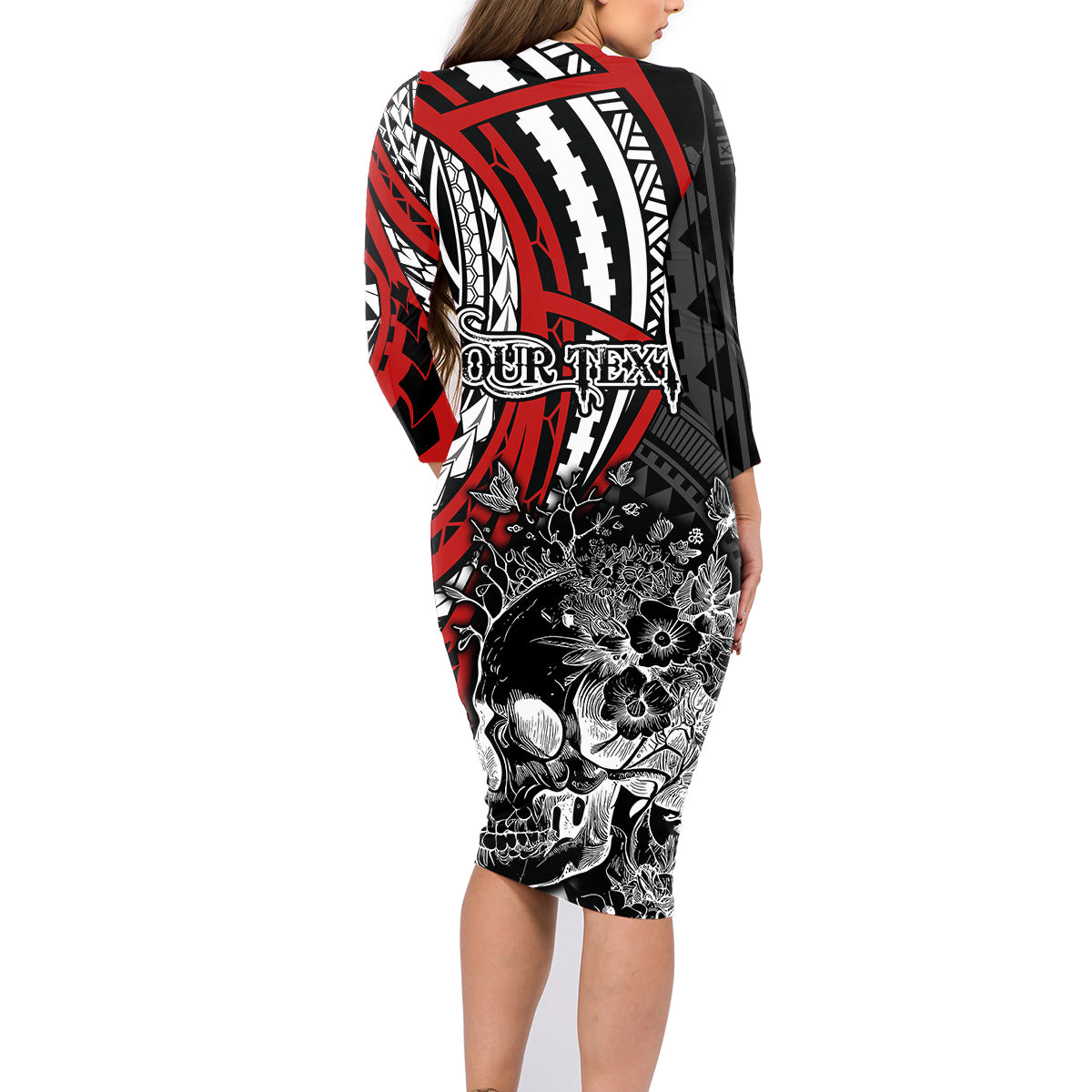 Personalised Polynesia Skull Family Matching Long Sleeve Bodycon Dress and Hawaiian Shirt Tattoo In The Style Of Maori With Marine Life Red LT9 - Wonder Print Shop