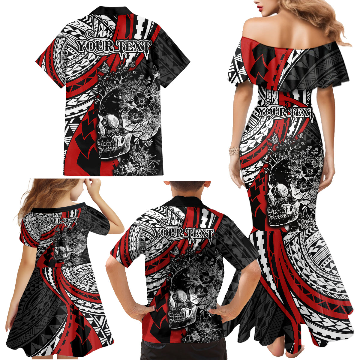 Personalised Polynesia Skull Family Matching Mermaid Dress and Hawaiian Shirt Tattoo In The Style Of Maori With Marine Life Red LT9 - Wonder Print Shop