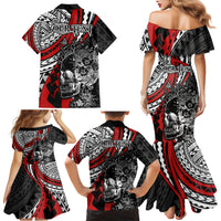 Personalised Polynesia Skull Family Matching Mermaid Dress and Hawaiian Shirt Tattoo In The Style Of Maori With Marine Life Red LT9 - Wonder Print Shop