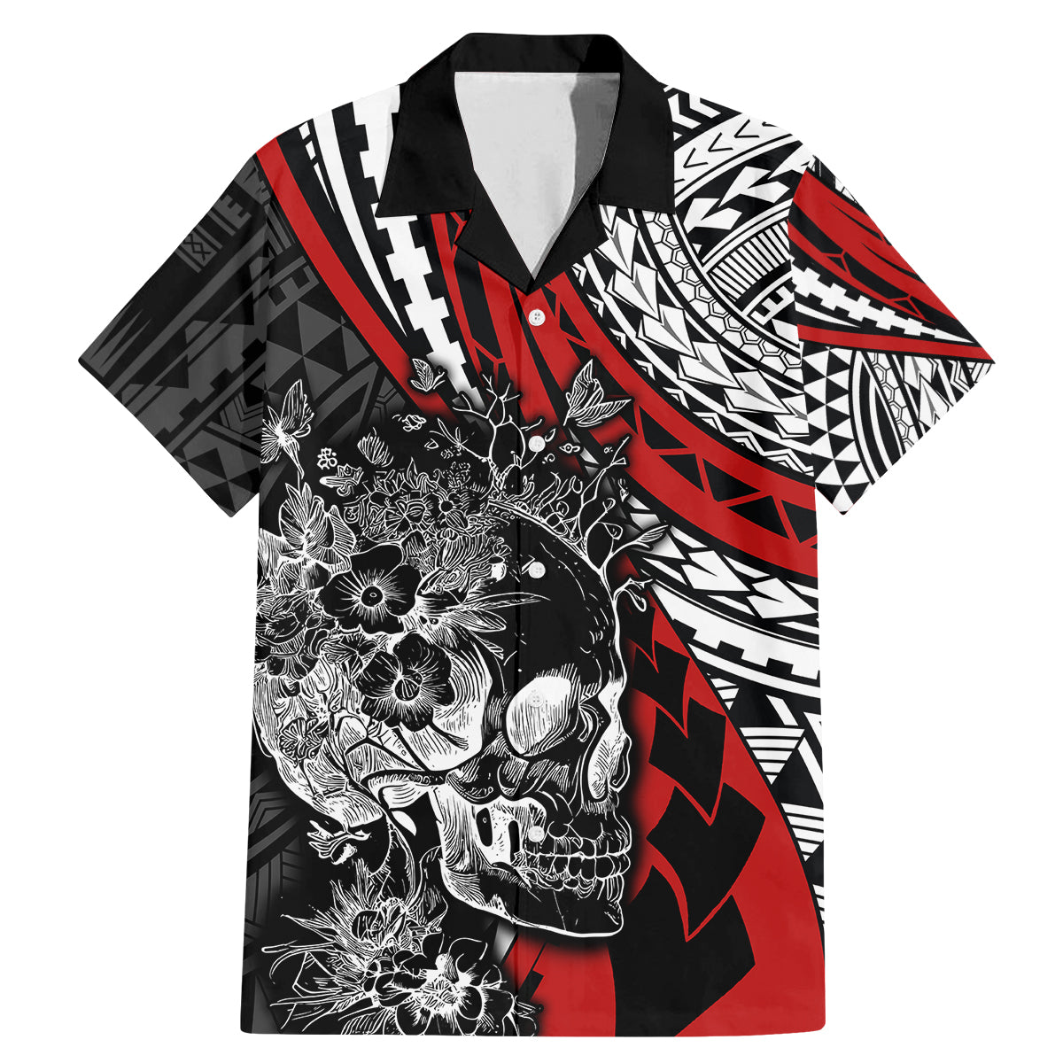 Personalised Polynesia Skull Family Matching Mermaid Dress and Hawaiian Shirt Tattoo In The Style Of Maori With Marine Life Red LT9 - Wonder Print Shop