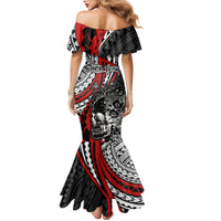 Personalised Polynesia Skull Family Matching Mermaid Dress and Hawaiian Shirt Tattoo In The Style Of Maori With Marine Life Red LT9 - Wonder Print Shop