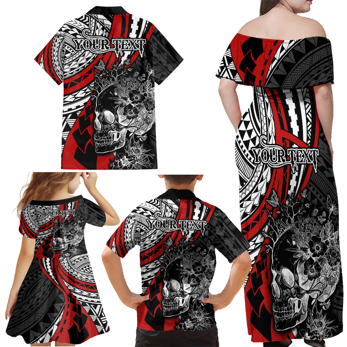 Personalised Polynesia Skull Family Matching Off Shoulder Maxi Dress and Hawaiian Shirt Tattoo In The Style Of Maori With Marine Life Red LT9 - Wonder Print Shop
