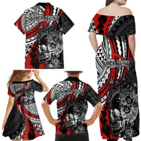 Personalised Polynesia Skull Family Matching Off Shoulder Maxi Dress and Hawaiian Shirt Tattoo In The Style Of Maori With Marine Life Red LT9 - Wonder Print Shop