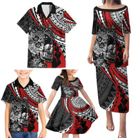Personalised Polynesia Skull Family Matching Puletasi Dress and Hawaiian Shirt Tattoo In The Style Of Maori With Marine Life Red - Wonder Print Shop