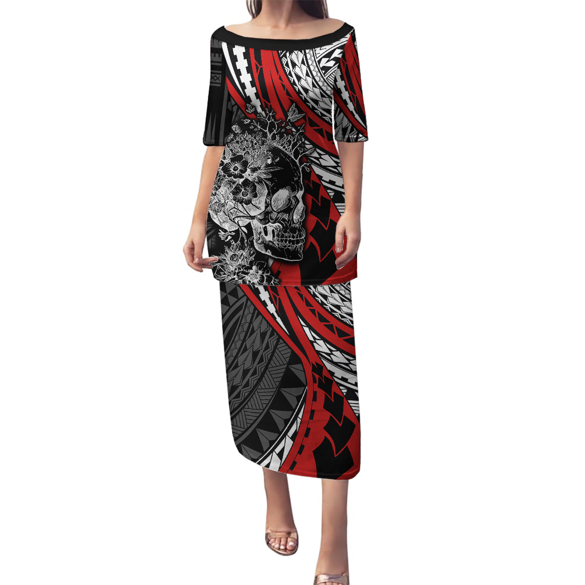 Personalised Polynesia Skull Family Matching Puletasi Dress and Hawaiian Shirt Tattoo In The Style Of Maori With Marine Life Red - Wonder Print Shop