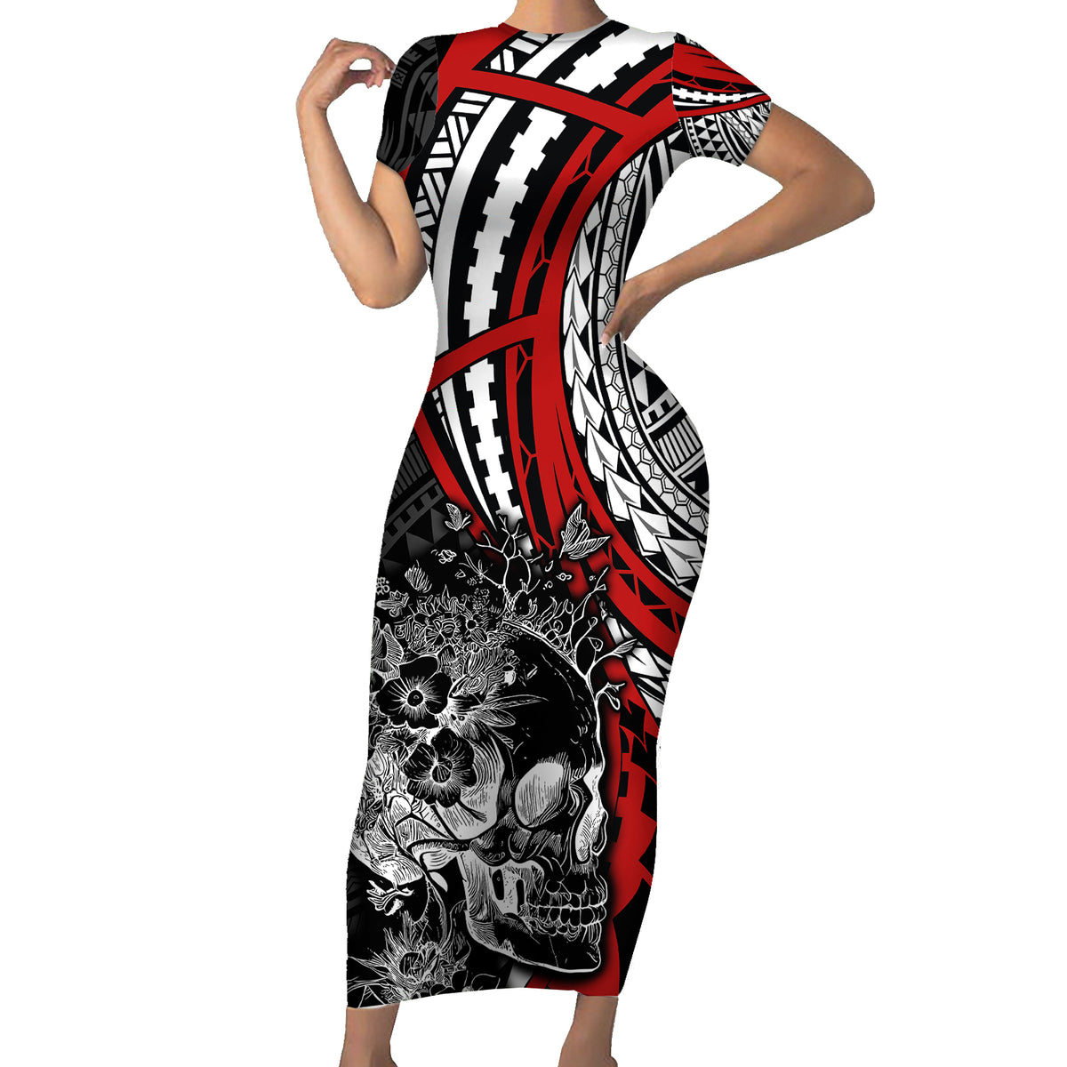 Personalised Polynesia Skull Family Matching Short Sleeve Bodycon Dress and Hawaiian Shirt Tattoo In The Style Of Maori With Marine Life Red - Wonder Print Shop