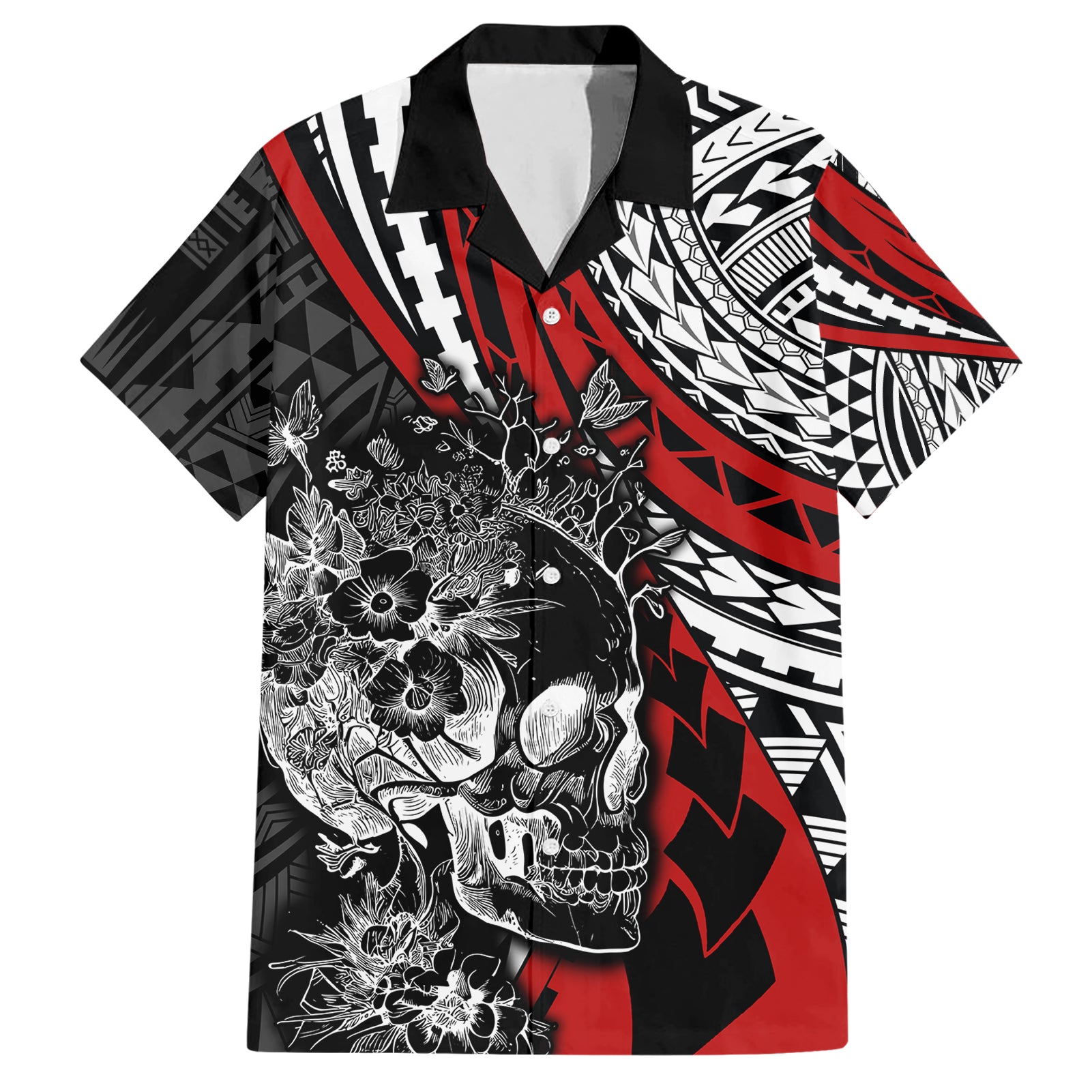 personalised-polynesia-skull-hawaiian-shirt-tattoo-in-the-style-of-maori-with-marine-life-red