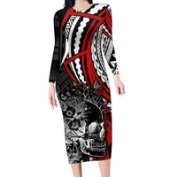 Personalised Polynesia Skull Long Sleeve Bodycon Dress Tattoo In The Style Of Maori With Marine Life Red - Wonder Print Shop