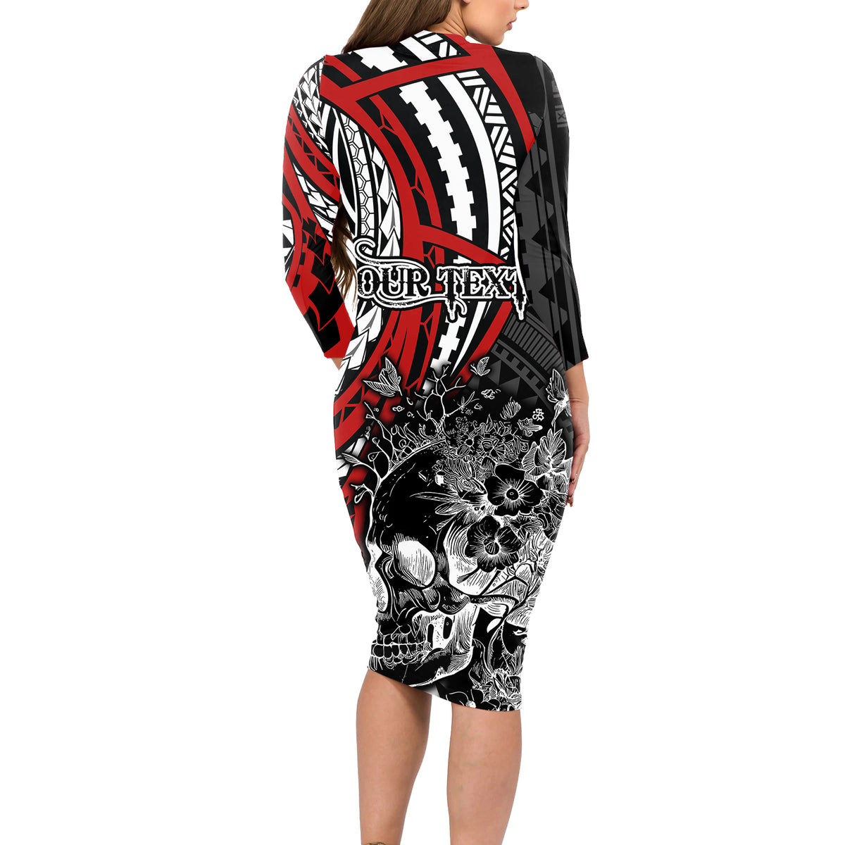 Personalised Polynesia Skull Long Sleeve Bodycon Dress Tattoo In The Style Of Maori With Marine Life Red - Wonder Print Shop