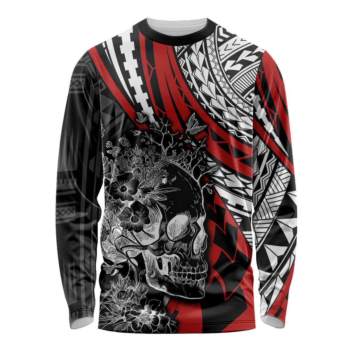 Personalised Polynesia Skull Long Sleeve Shirt Tattoo In The Style Of Maori With Marine Life Red - Wonder Print Shop
