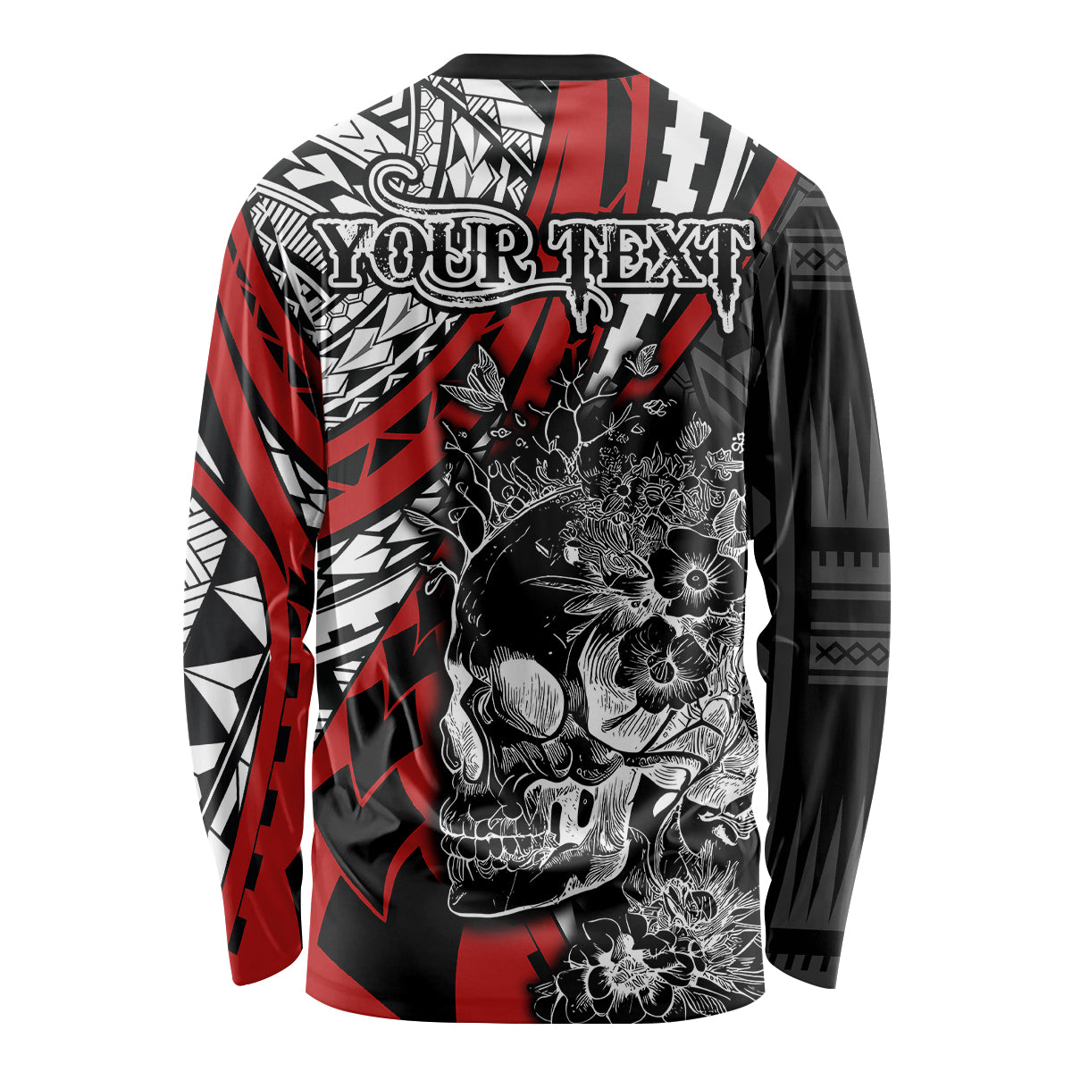 Personalised Polynesia Skull Long Sleeve Shirt Tattoo In The Style Of Maori With Marine Life Red - Wonder Print Shop